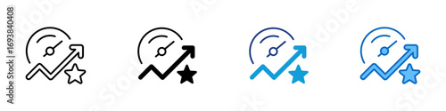 Performance Star Multiple Style Icon Vector Design - Speed gauge with rising graph and star symbol, representing performance improvement and achievement