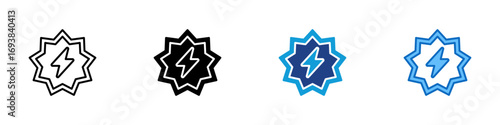 Power Badge Multiple Style Icon Vector Design - Award badge with lightning symbol, representing achievement, energy level, or power certification