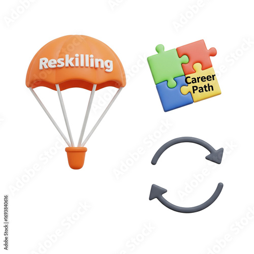 Concept of reskilling for career path transformation, represented by 3D icons.