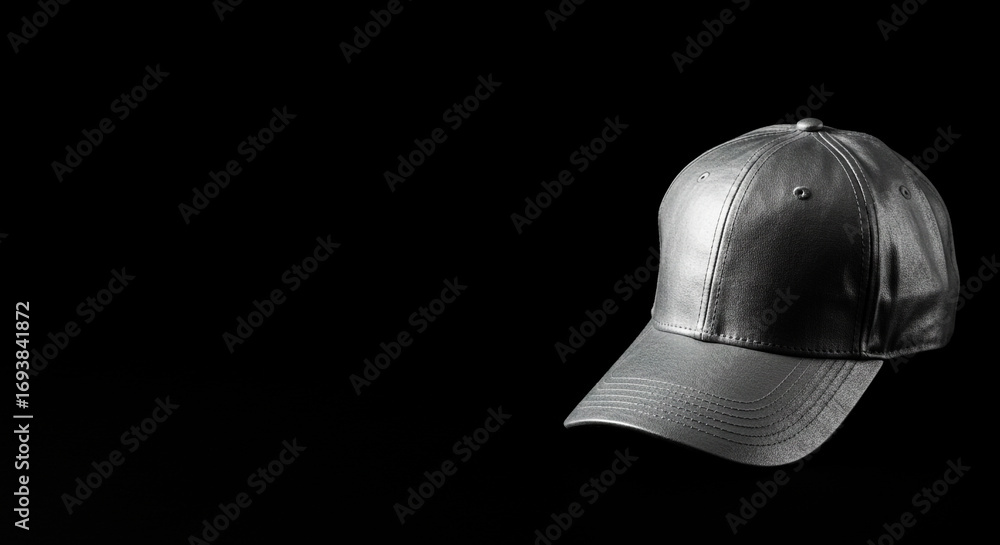 Fototapeta premium Metallic Silver Baseball Cap on Black Minimalist Background