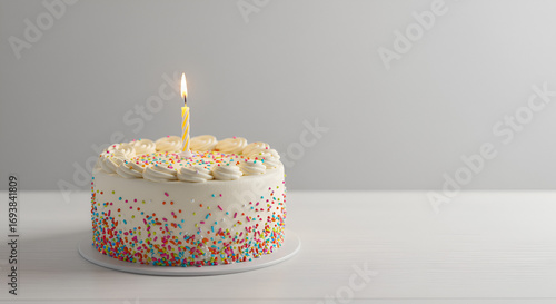 Celebration Cake with Sprinkles and a Single Candle on a White Table
