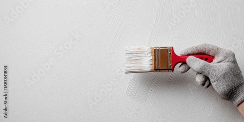 The paintbrush applying fresh white paint to a smooth minimalist interior wall