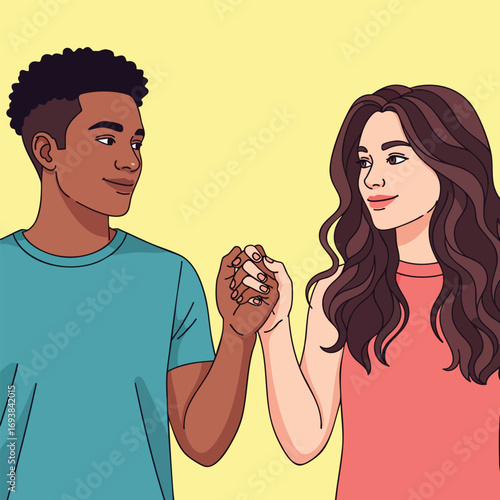 An illustrated interracial couple a Black man and a white woman holding hands with interlocked fingers and looking at each other.