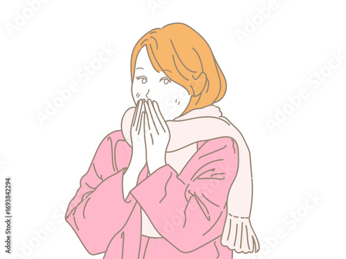 女性　イラスト　咳　寒い