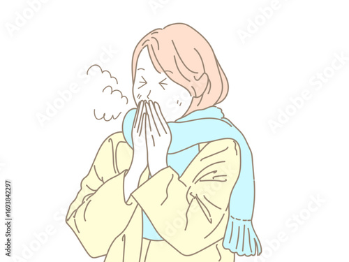 女性　イラスト　咳　寒い