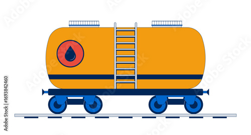 Oil tanker railcar 2D vector illustration. Transporting crude oil, petroleum by train railroad. Railway car. Fuel rail transport flat scene isolated on white background. Colorful cartoon image
