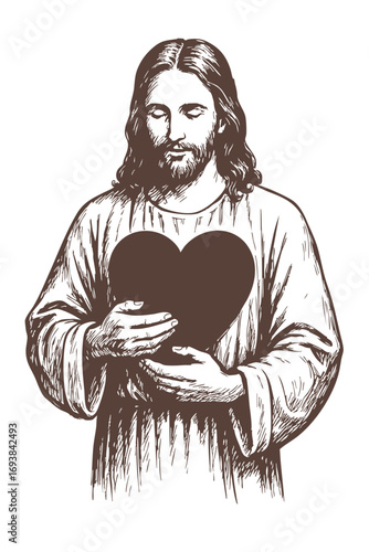 Jesus holding a heart close to his chest with a compassionate expression, symbol of love and mercy