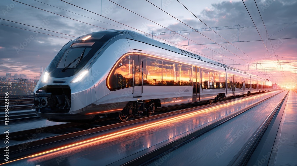 Fototapeta premium Modern High Speed Train Traveling at Sunset Cityscape Background Rail Transport Innovation