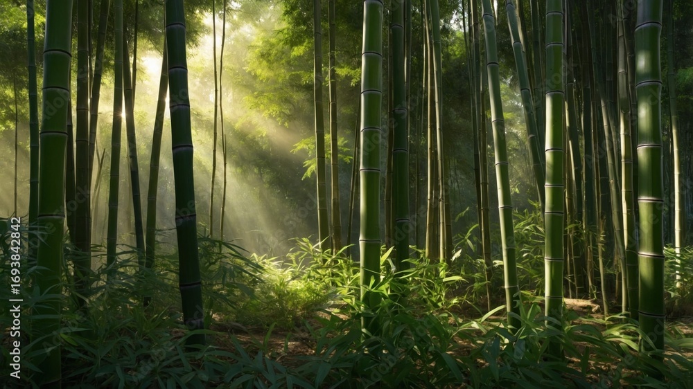 Naklejka premium Serene bamboo forest bathed in soft sunlight, showcasing lush greenery and tranquil atmosphere