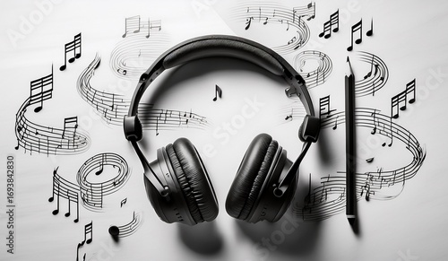 Conceptual image of professional audio headphones resting on a musical score with notes and a pencil, evoking creativity and sound design