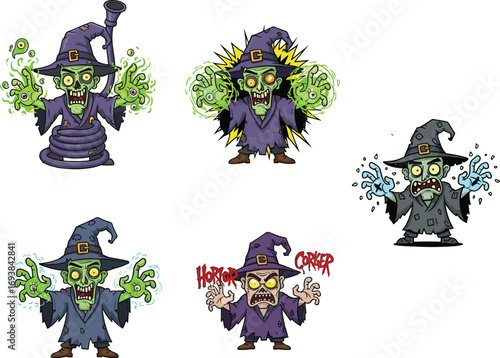 Cartoon zombie witches casting magic spells, Halloween fantasy illustration with glowing hands, spooky characters in wizard hats for horror design.