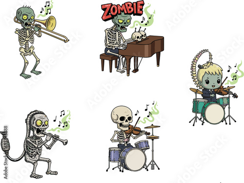 Cartoon zombie skeleton band playing music, Halloween concert theme, spooky undead musicians, horror instruments, cute creepy musical group illustration.