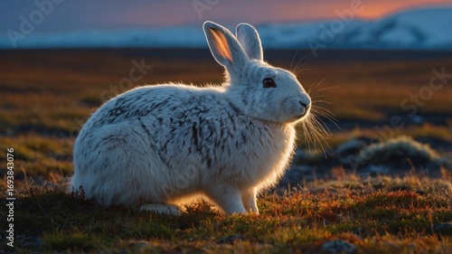 A serene white rabbit sitting on a grassy field during sunset, with mountains in the background