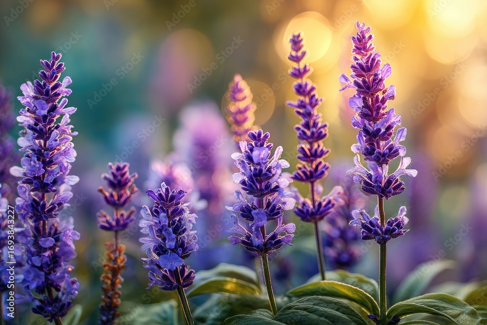 Fototapeta premium Purple flowers bathed in golden sunlight