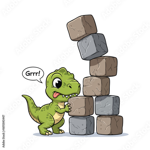 Cute cartoon TRex dinosaur playfully growling while stacking a wobbly tower of stone blocks.
