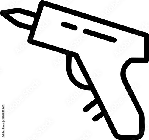 Simple black and white line icon of a hot glue gun tool. Symbol for arts, crafts, DIY, and workshop equipment on an isolated background