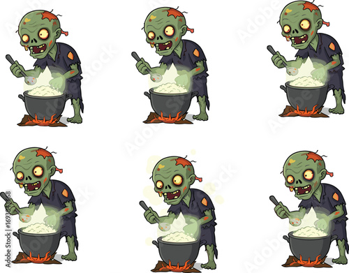 Zombie cooking spooky potion in bubbling cauldron, horror cartoon character illustration, undead chef Halloween monster concept, creepy vector art.
