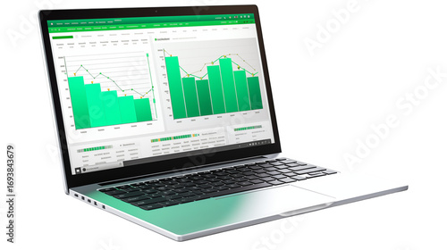 Modern laptop displays vibrant green financial charts and data analytics for business growth insights