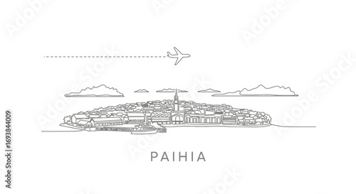 Paihia line art with Bay of Islands, and New Zealand.