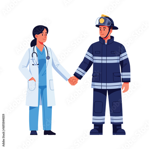 Female doctor and male firefighter holding hands representing essential workers and first responders.