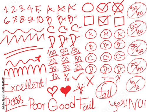 Red Pen Correction Marks Set Hand Drawn Style Grades Check Marks Circle Crosses Underlines