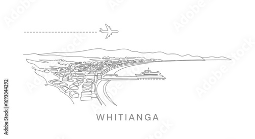 Whitianaga New Zealand townscape illustration with airplane and ocean view.