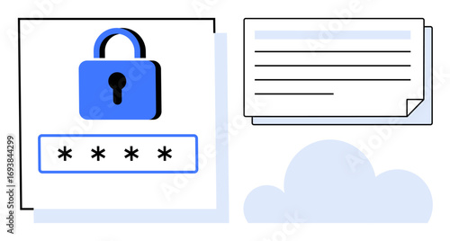 Padlock over password field symbolizes protection, paired with documents and cloud imagery. Ideal for security, data protection, privacy, encryption, cloud storage, internet safety