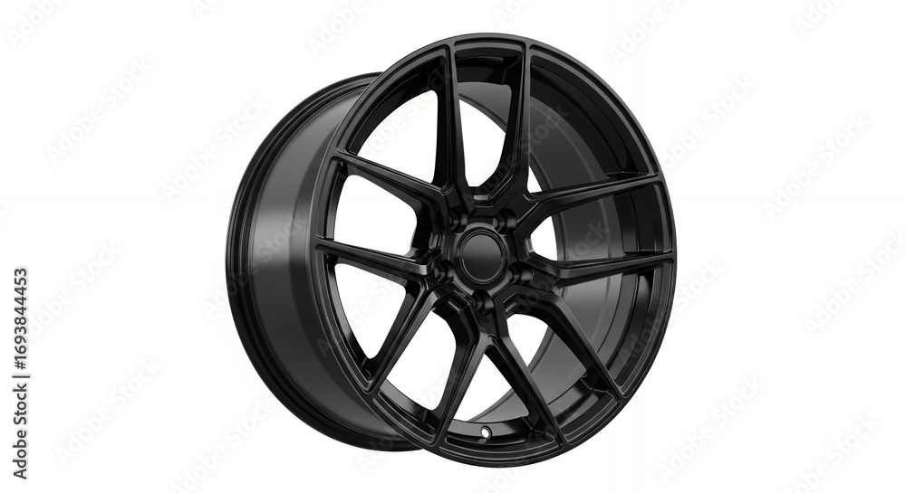 Obraz premium Sleek modern black alloy wheel upgrade for performance vehicles, enhancing aggressive style and speed.