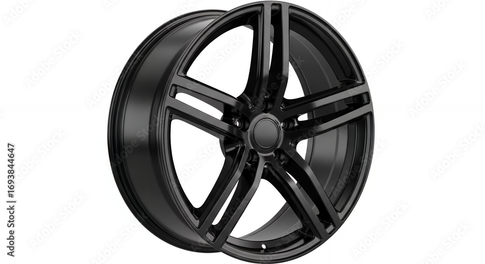 Obraz premium Sleek matte black alloy wheel with modern five-spoke design offers stylish automotive upgrade