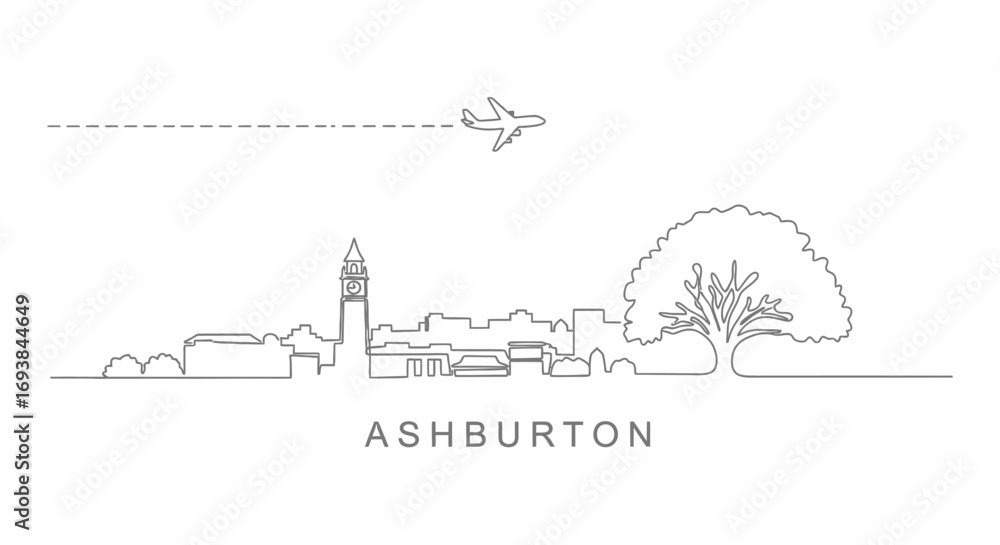 Fototapeta premium Ashburton with New Zealand Skyline Minimalist Design with Airplane.