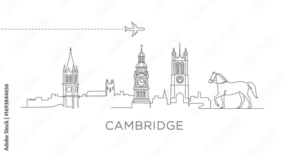 Fototapeta premium Cambridge UK Skyline Illustration with Airplane with Horse.