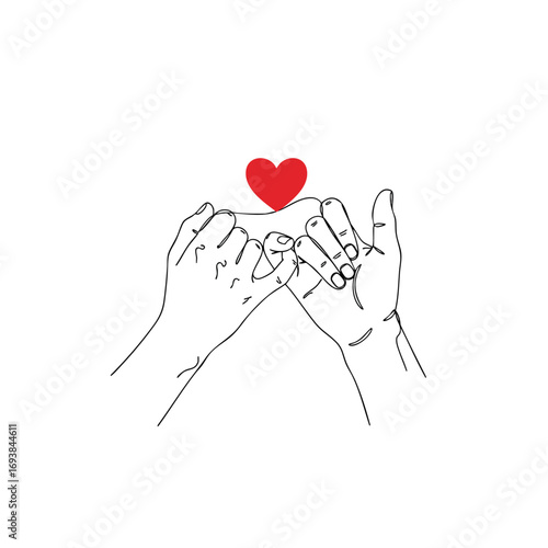 Minimalist line drawing of two hands making a pinky promise with a small red heart.