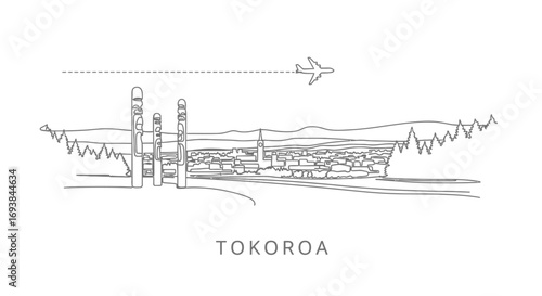 Tokoroa Cityscape Outline with Airplane  Black  White Illustration.