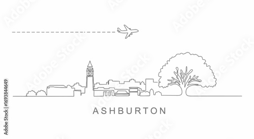 Ashburton with New Zealand Skyline Minimalist Design with Airplane.