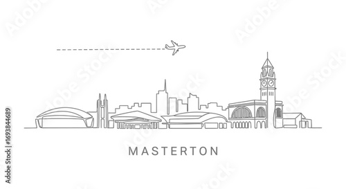 Masterton with New Zealand skyline line art with airplane.