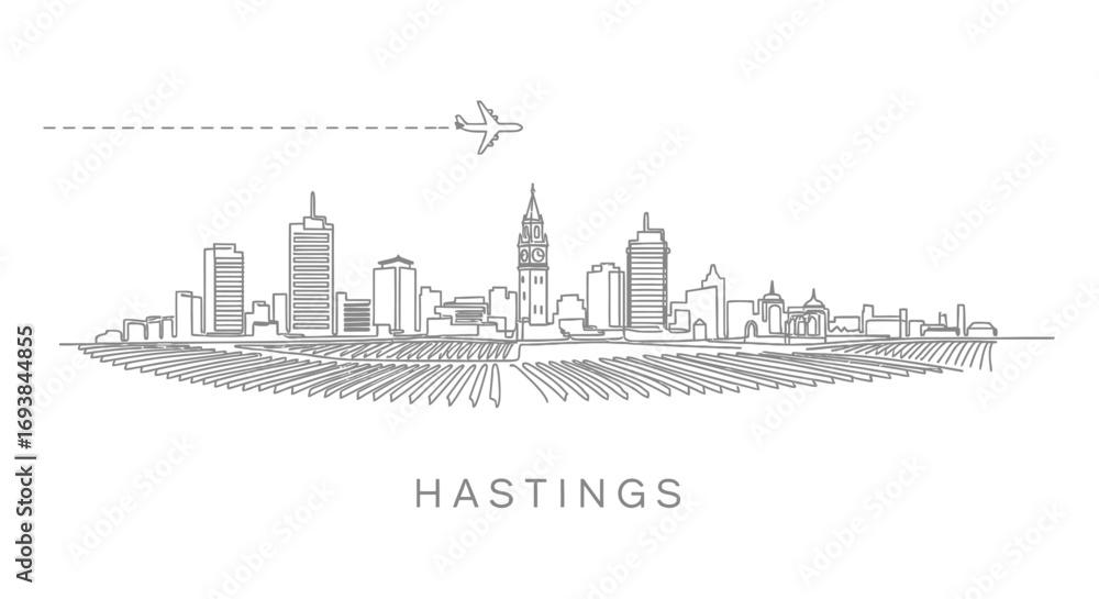 Naklejka premium Hastings Skyline with Nebraska Line Art Airplane.