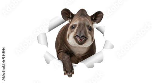 Adorable tapir bursting through paper, a funny and playful animal photo for unique design projects