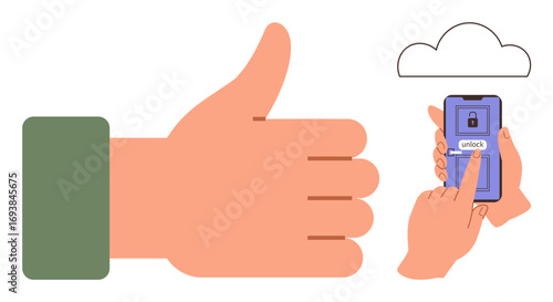 Hand showing thumbs up beside smartphone with finger accessing unlock button. Cloud aligns with digital security, technology, and accessibility. Ideal for apps, authentication, approval