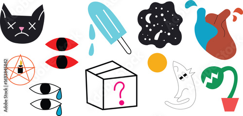 Quirky Aesthetic Cat Eyes Stars Heart and Mystery Box in Vibrant Graphic Art Fantasy Fun Strange Stickers Illustrations