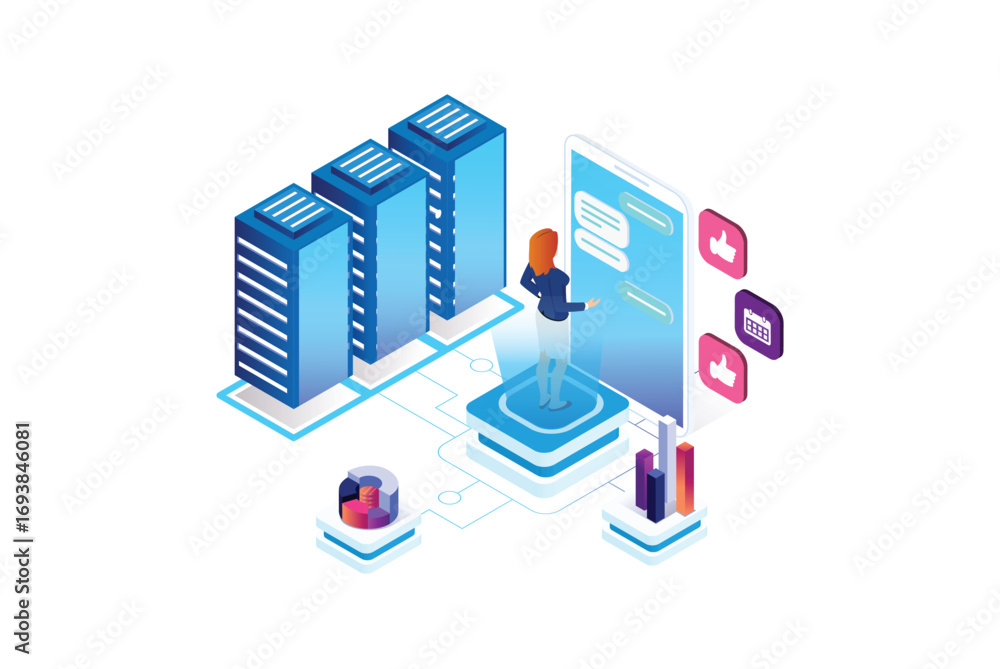 Modern Isometric programmer working in a software develop company office. Developing programming and coding technologies concept. UX UI User Interface and User eXperience Process. Modern Isometric programmer working in a software develop company office. Developing programming and coding technologies concept. UX UI User Interface and User eXperience Process.