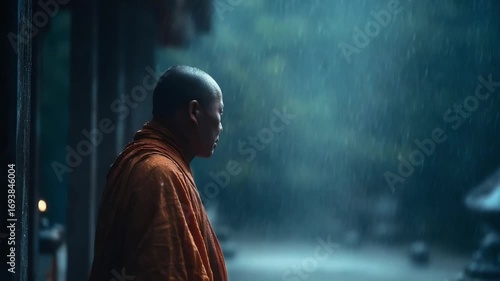 A monk in orange robes stands in the rain, gazing quietly as rain falls around him.
