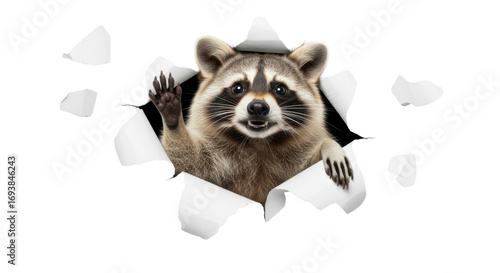 Funny raccoon bursting through paper, waving hello, perfect for playful designs and creative projects