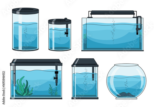 Collection of various aquarium tanks for freshwater fish and aquatic plants and decorative elements
