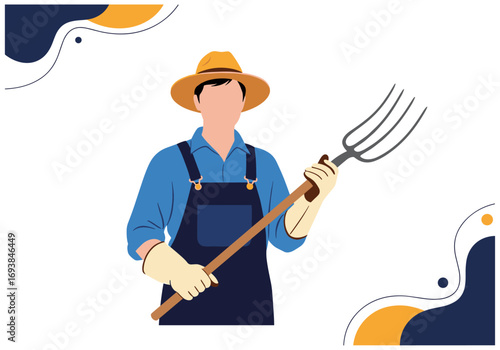Illustration of a farmer holding a pitchfork on a white background