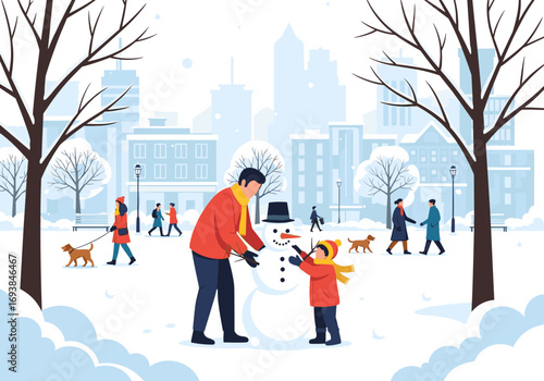 Joyful family building a snowman together in a snowy park during winter vacation season