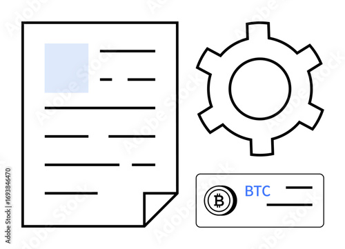 Document with text lines, Bitcoin wallet icon, and gear symbolizing digital transactions, crypto, and automation. Ideal for blockchain, finance, cryptocurrency, fintech automation technology