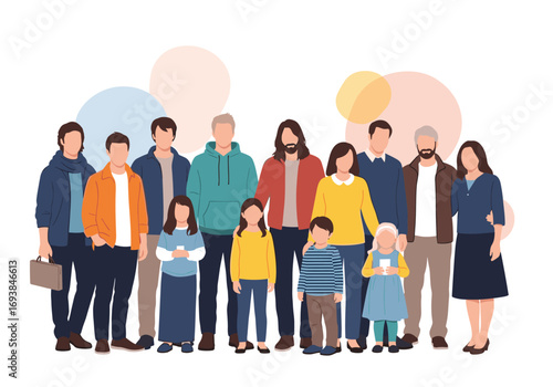 A diverse group of adults and children standing together in a stylized illustration representing unity and community