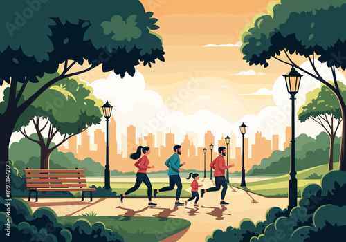 A family enjoys a healthy morning jog through a beautiful city park at sunrise