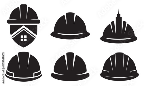 Black Construction Helmet Logo Icons with House and Building Design