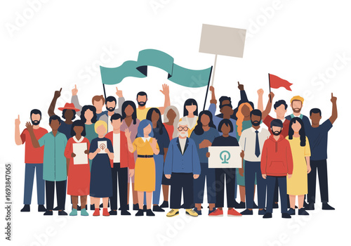 A diverse group of people standing together holding signs and flags for a cause